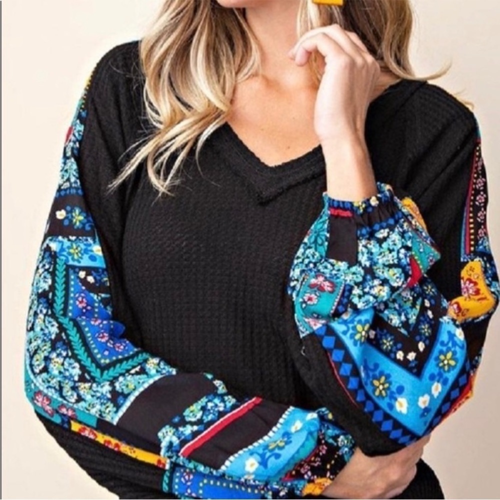 KORI Wunderlust Long sleeve Waffle Thermal Boho Top Large